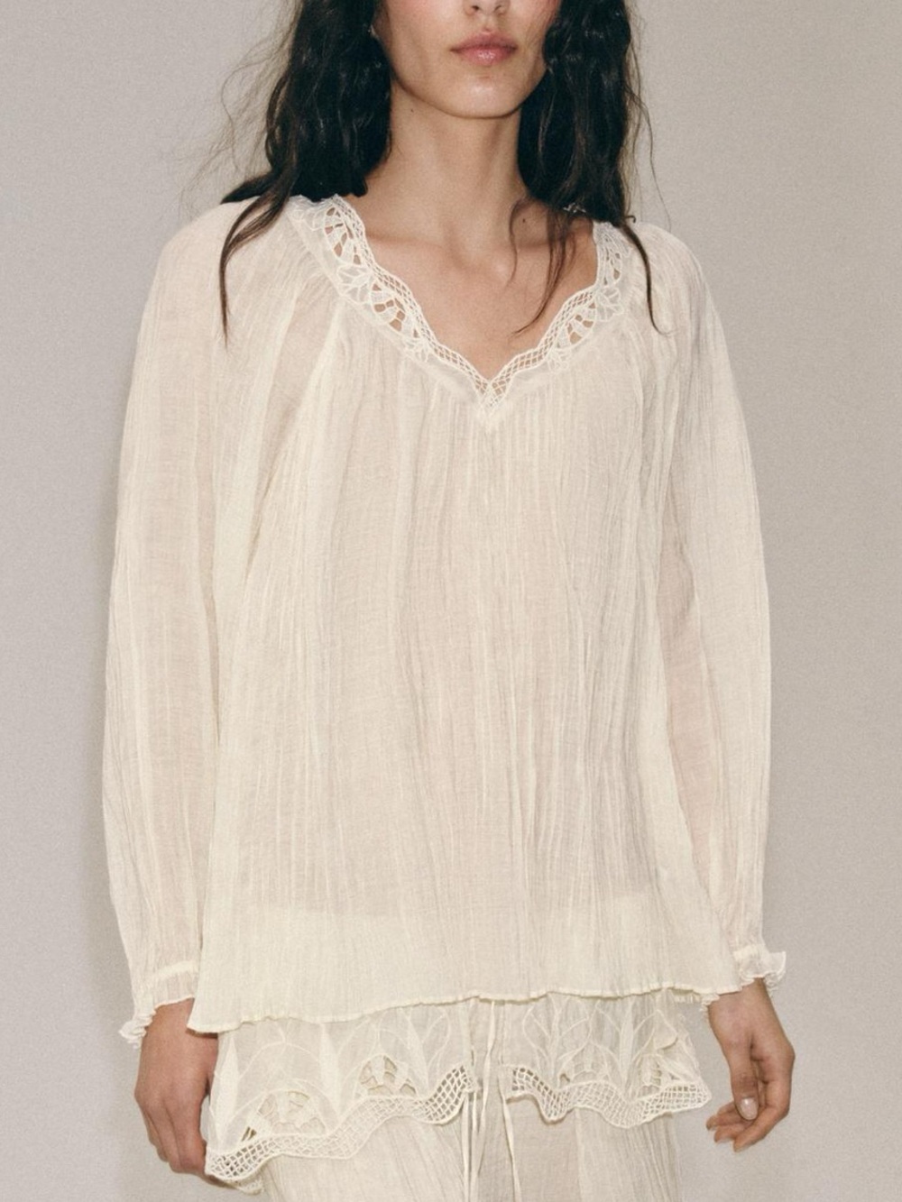 NWT Zara ZW Collection Embroidered Crinkle Blouse Ecru M